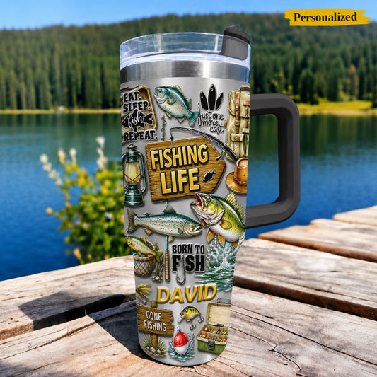 Personalized Fishing Tumbler 40 Oz with Handle – Fisherman Gift, Fishing Lover Travel Mug
