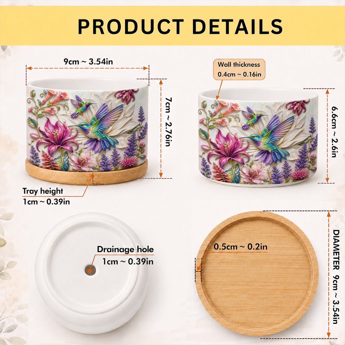 Hummingbird Ceramic Plant Pot with Bamboo Tray Hummingbird Garden Bloom Harmony