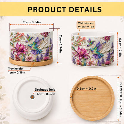 Hummingbird Ceramic Plant Pot with Bamboo Tray Hummingbird Garden Bloom Harmony