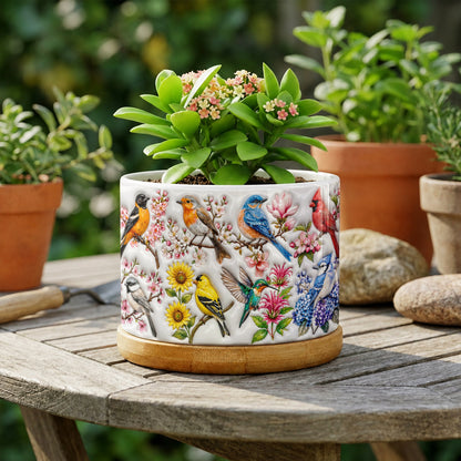Bird Lovers Ceramic Plant Pot with Bamboo Tray Spring Birds Blossom Garden