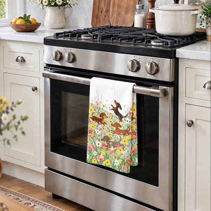 Dachshund Kitchen Towel Happy Dachshunds in Flower Garden