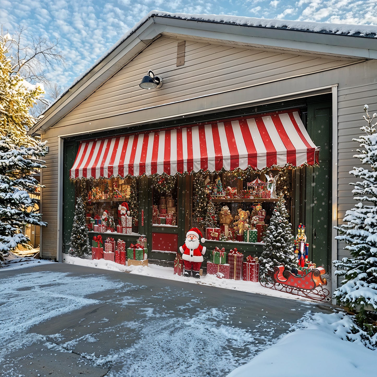 Christmas Garage Door Banner Decoration - Christmas Magic at the Window A Snowy Shopfront with Santa and Presents