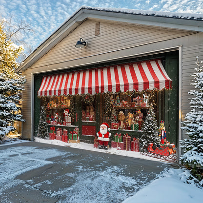Christmas Garage Door Banner Decoration - Christmas Magic at the Window A Snowy Shopfront with Santa and Presents