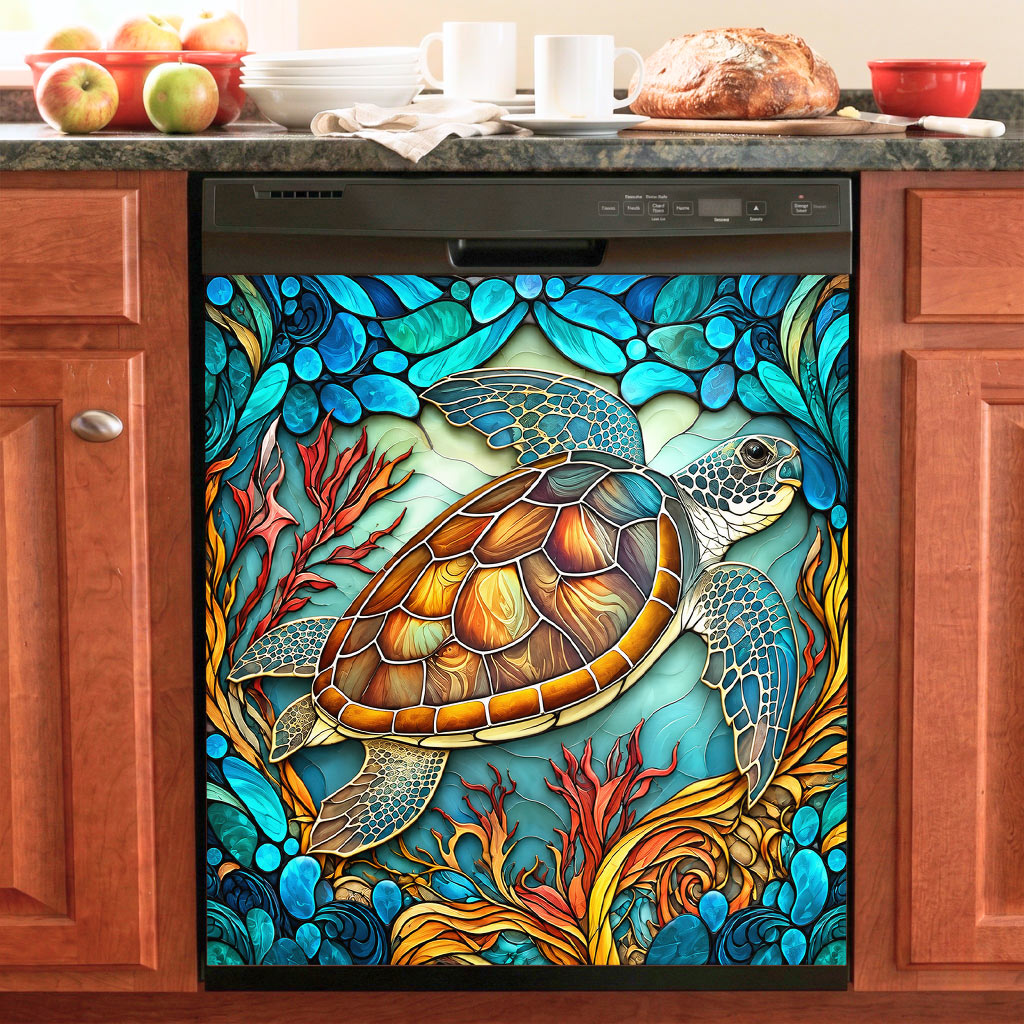 Sea Turtle Magnetic Dishwasher Cover Stained Glass Ocean Garden