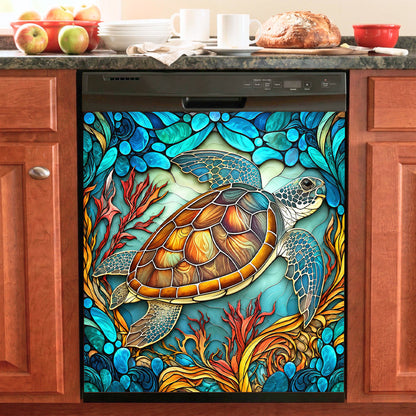 Sea Turtle Magnetic Dishwasher Cover Stained Glass Ocean Garden