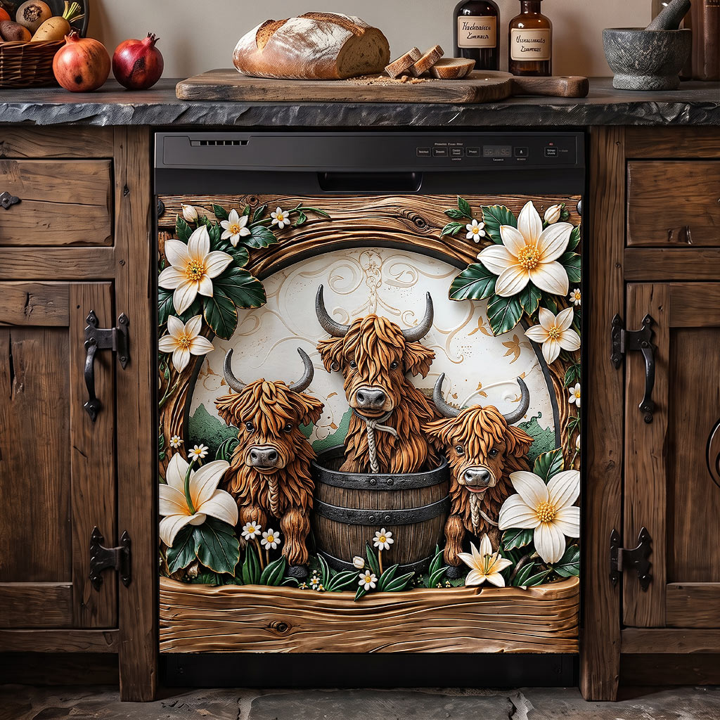 Highland Cow Magnetic Dishwasher Cover Highland Blooms & Barnwood