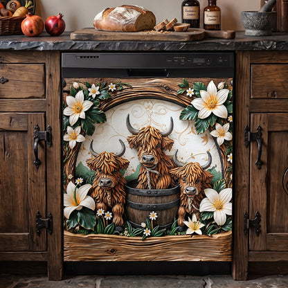 Highland Cow Magnetic Dishwasher Cover Highland Blooms & Barnwood