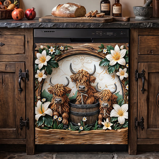 Highland Cow Magnetic Dishwasher Cover Highland Blooms & Barnwood