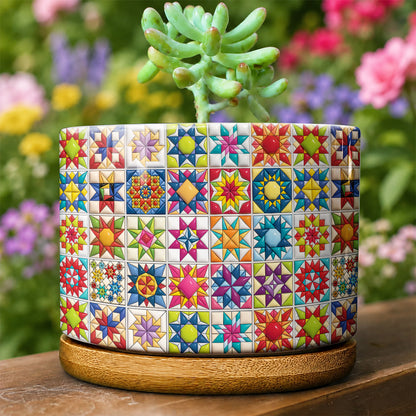 Sewing Lover Ceramic Plant Pot with Bamboo Tray Colorful Star Quilt Blocks