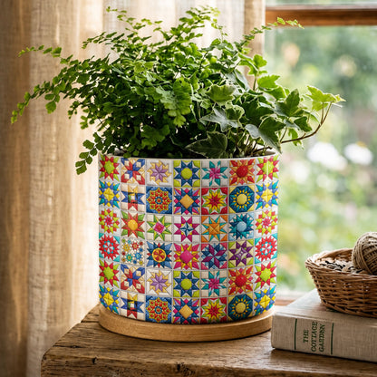 Sewing Lover Ceramic Plant Pot with Bamboo Tray Colorful Star Quilt Blocks