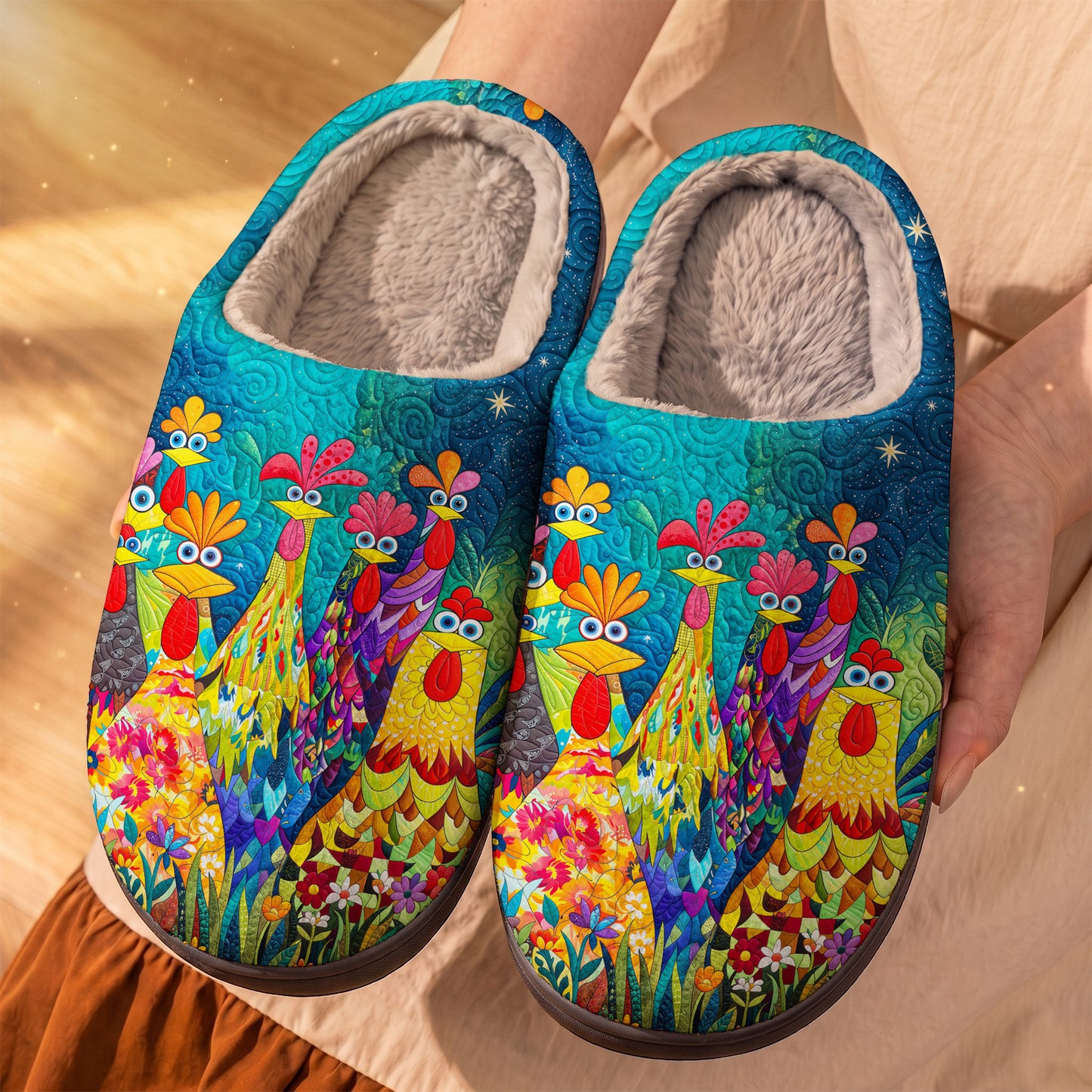 Chicken Fleece Lined Slippers Colorful Chicken Garden