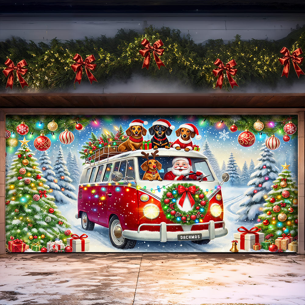 Christmas Garage Door Banner Decoration - Santa's Dachshund Christmas Road Trip