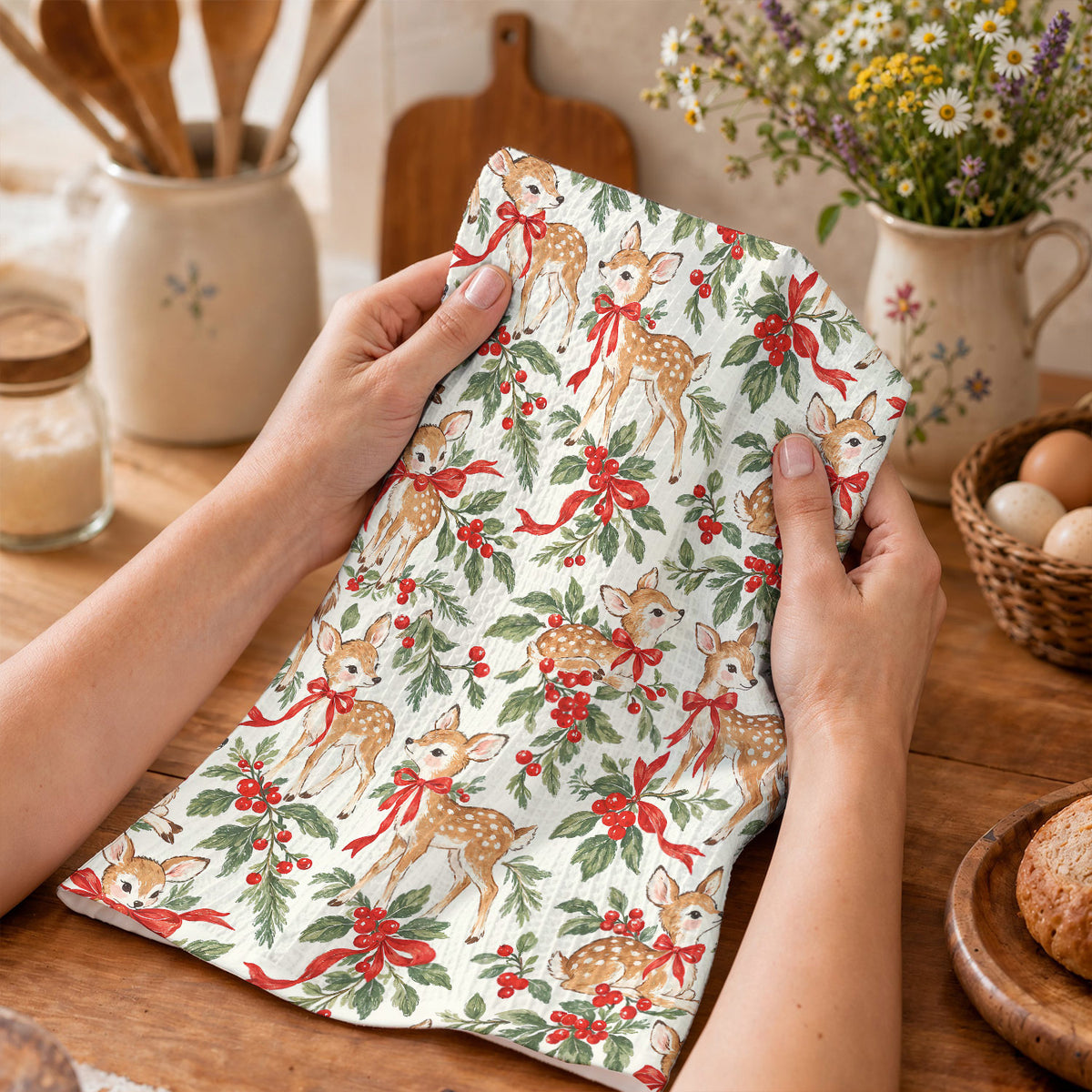 Christmas Kitchen Towel Holly Jolly Fawns