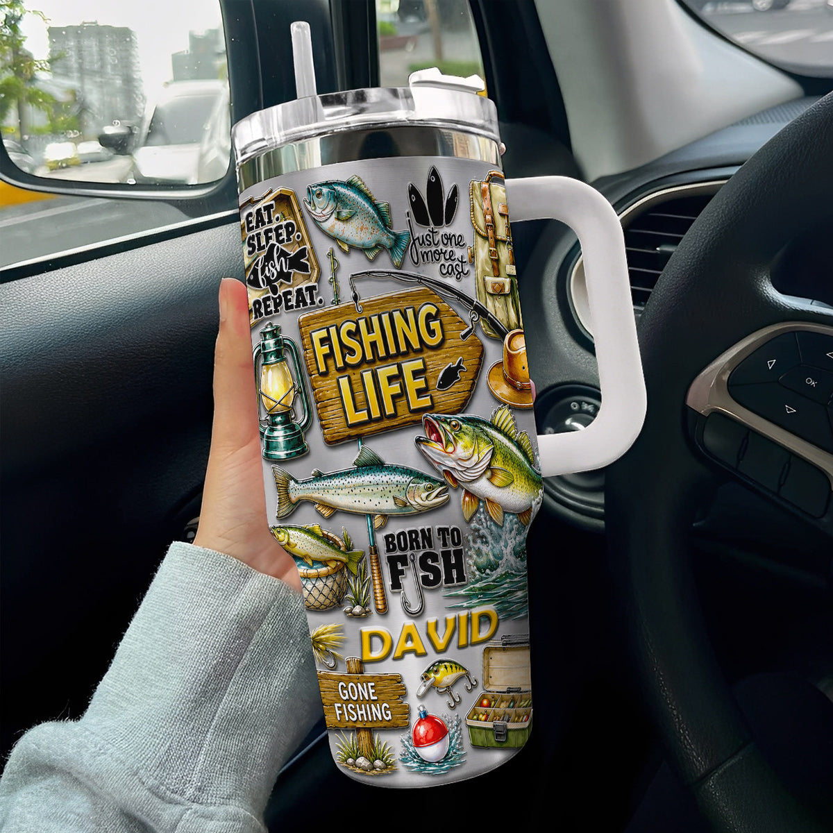 Personalized Fishing Tumbler 40 Oz with Handle – Fisherman Gift, Fishing Lover Travel Mug