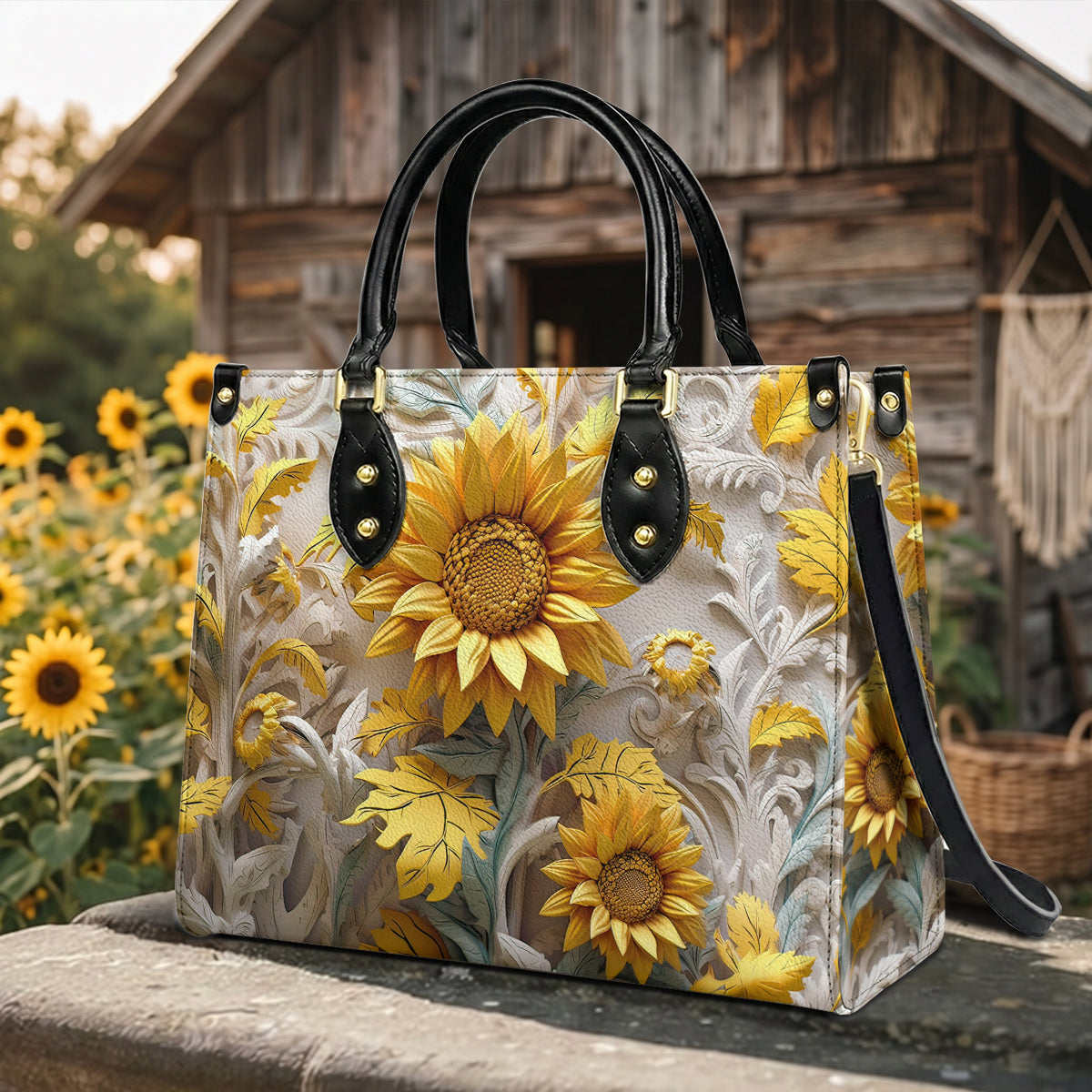 Sunflower Leather Handbag Golden Sunflower Garden