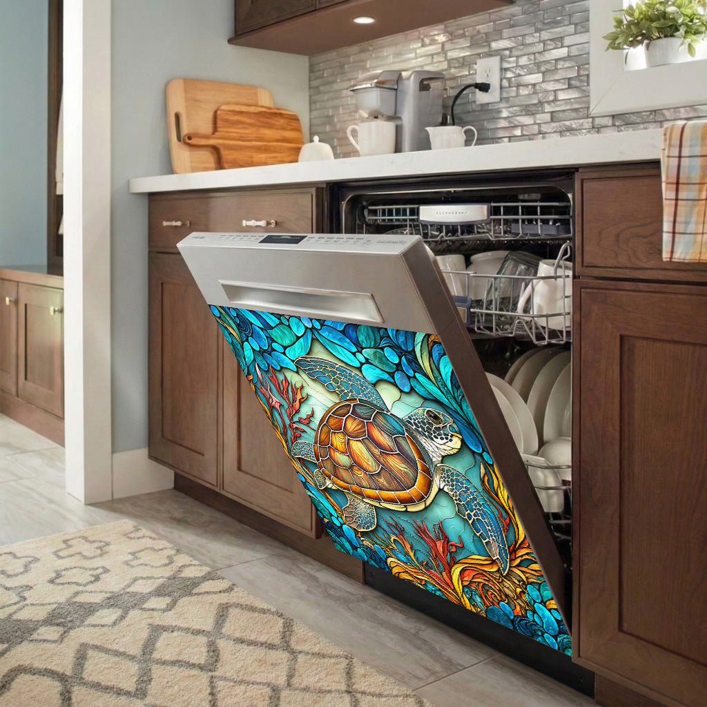 Sea Turtle Magnetic Dishwasher Cover Stained Glass Ocean Garden