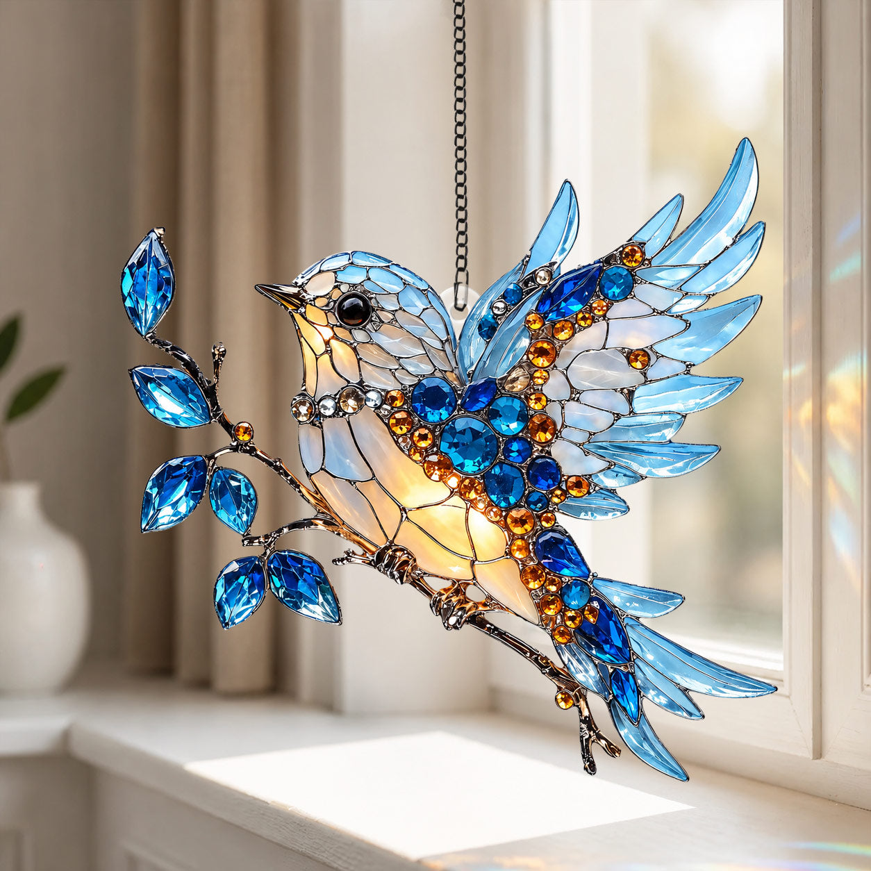 Jeweled Bluebird Garden Glass Suncatcher – Bird Lover Gift & Window Décor