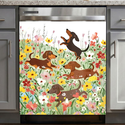 Dachshund Magnetic Dishwasher Cover Happy Dachshunds in Flower Garden