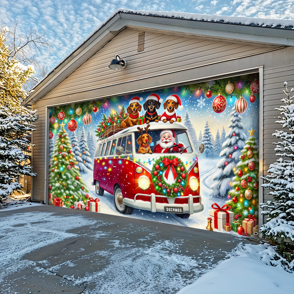 Christmas Garage Door Banner Decoration - Santa's Dachshund Christmas Road Trip