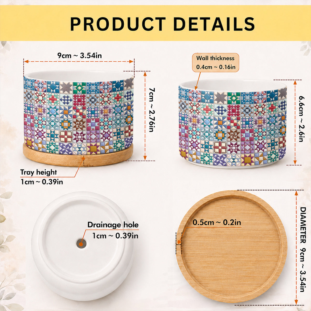 Sewing Lover Ceramic Plant Pot with Bamboo Tray Traditional Quilt Blocks