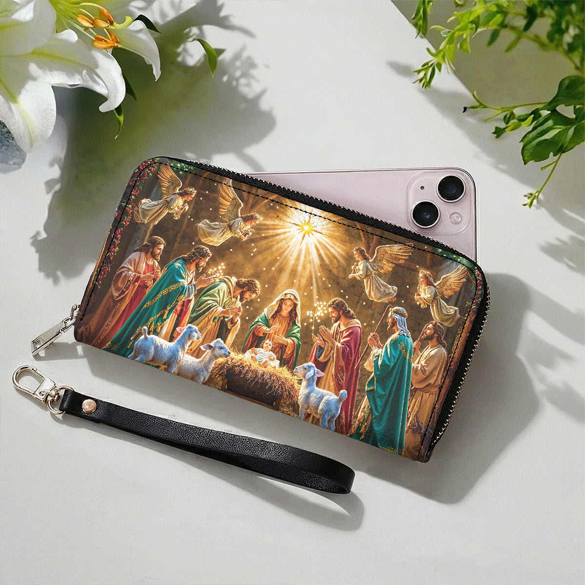 God Leather Wallet Divine Light at the Manger The Nativity Scene