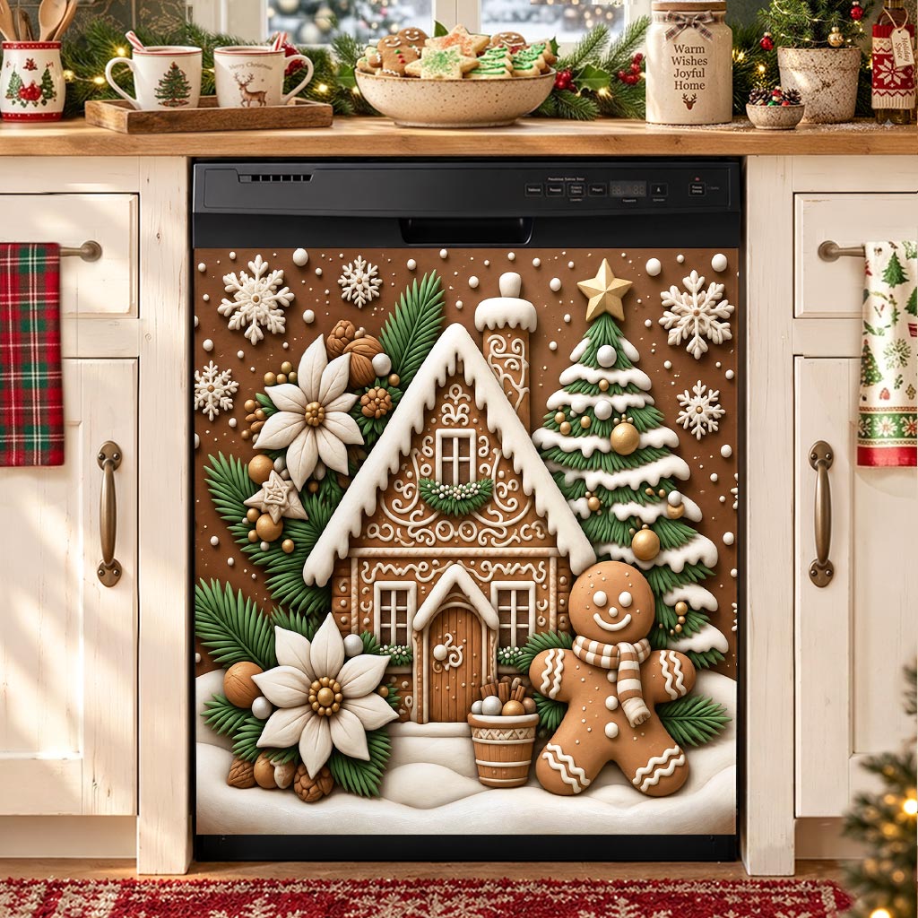 Christmas Magnetic Dishwasher Cover Gingerbread Christmas Cottage