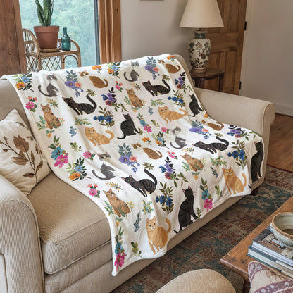 Cat Fleece Blanket Cute Floral Cats