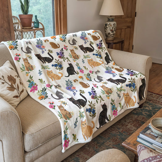 Cat Fleece Blanket Cute Floral Cats