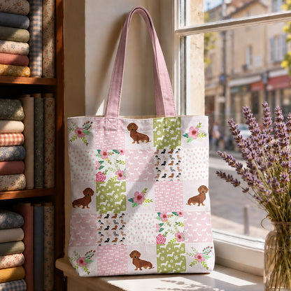 Dachshund Canvas Tote Bag Floral Patchwork Pups