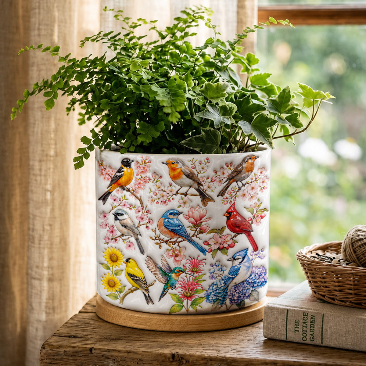 Bird Lovers Ceramic Plant Pot with Bamboo Tray Spring Birds Blossom Garden