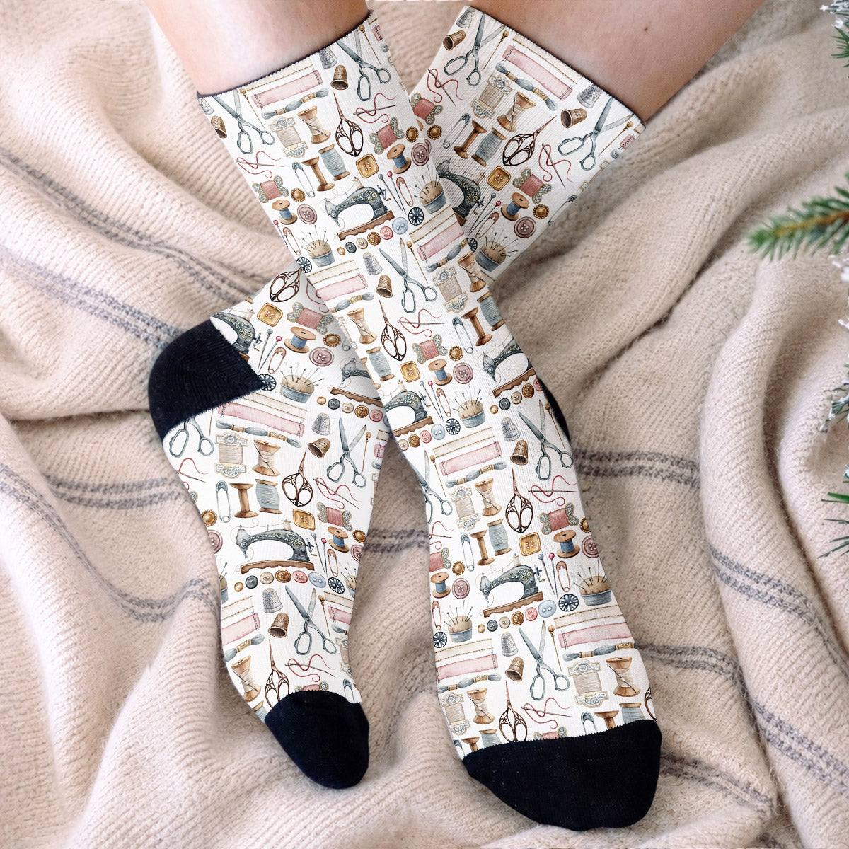 Sewing Lover Crew Socks Vintage Sewing Tools