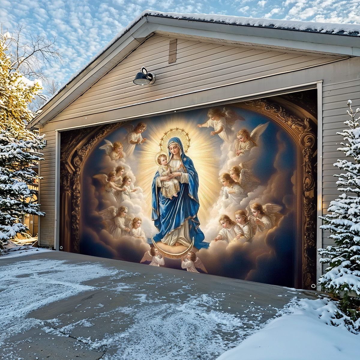 God Garage Door Banner Decoration -  Mary and the Child Jesus in Heavenly Radiance