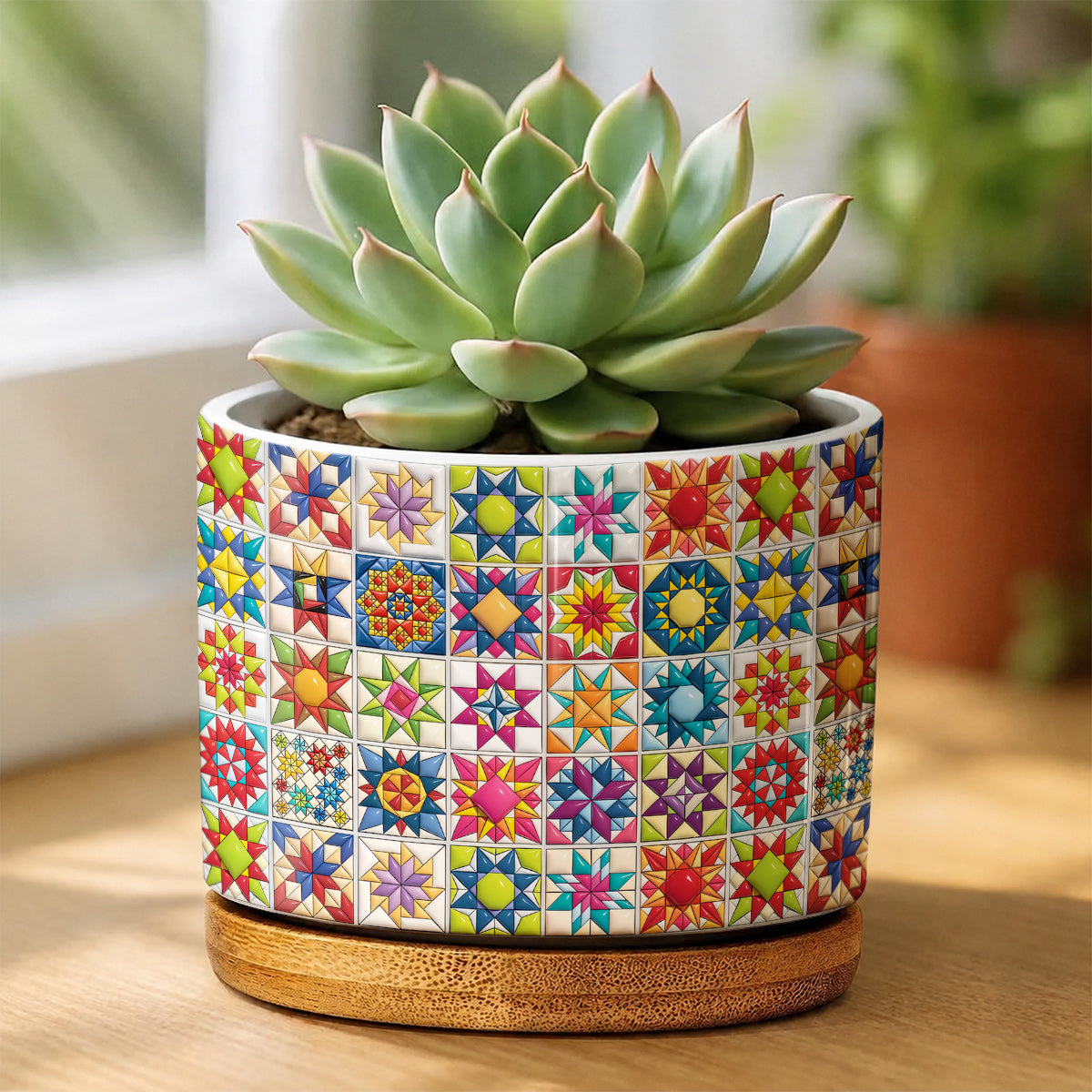 Sewing Lover Ceramic Plant Pot with Bamboo Tray Colorful Star Quilt Blocks