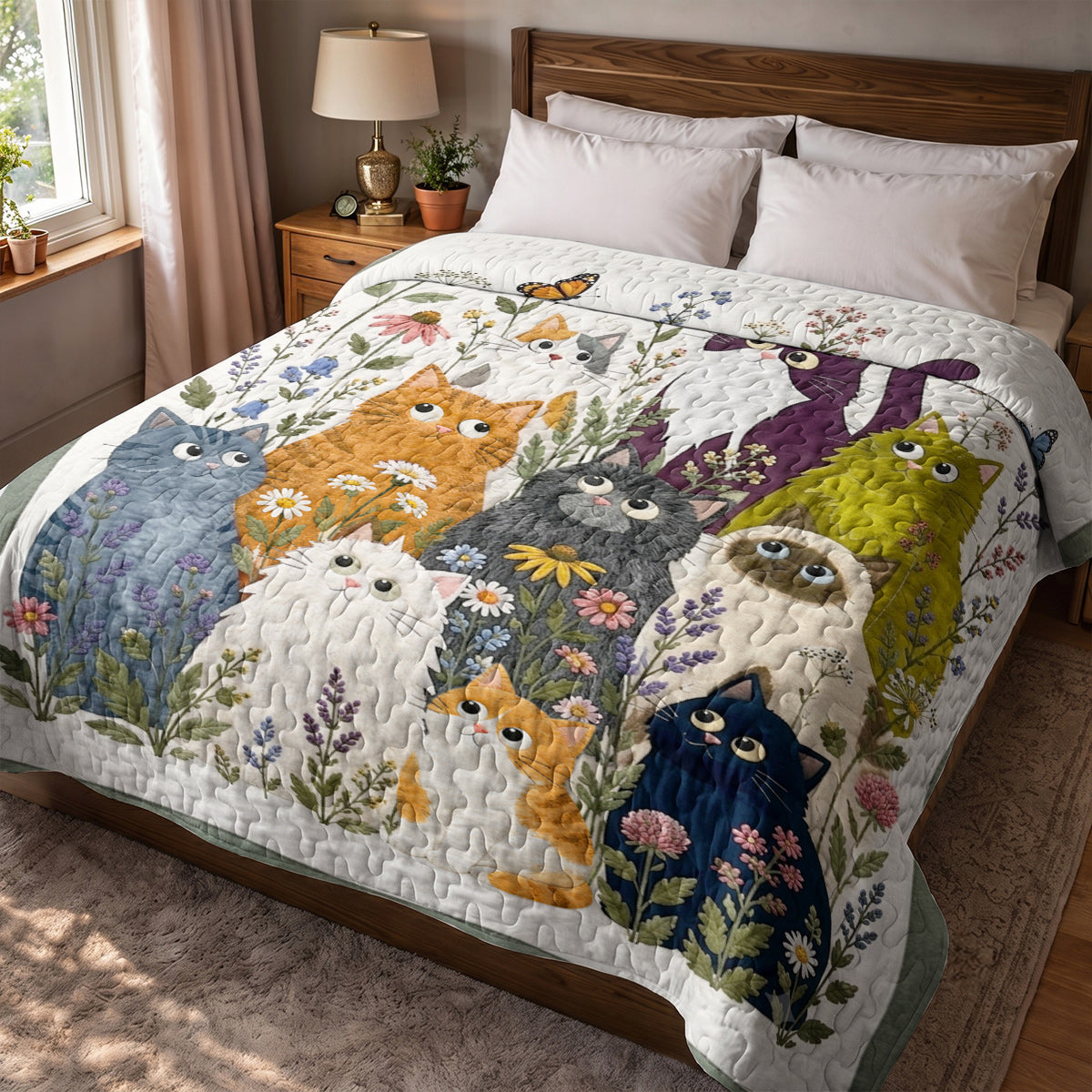 Cat Quilted Blanket Whimsical Garden Cats