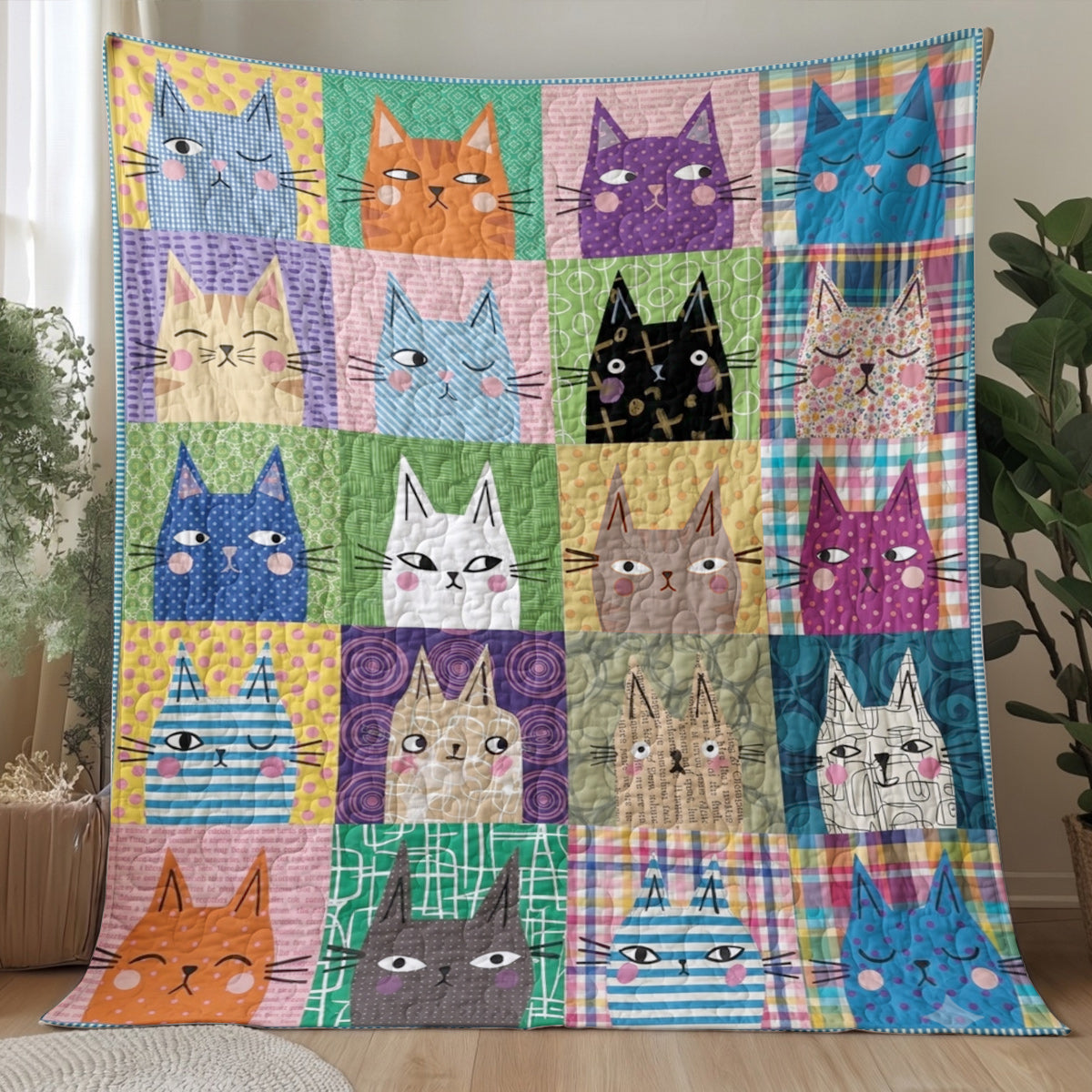 Cat Quilted Blanket Colorful Patchwork Cats