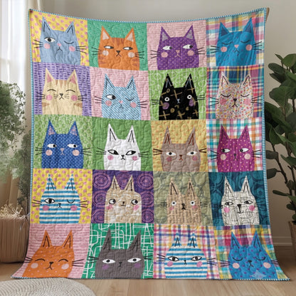 Cat Quilted Blanket Colorful Patchwork Cats