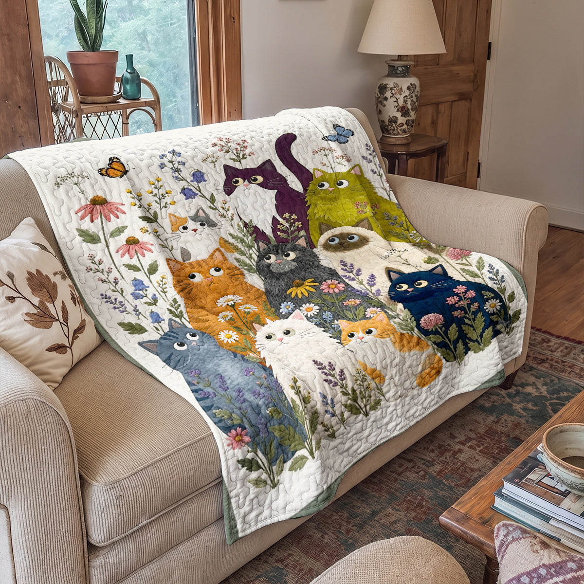 Cat Quilted Blanket Whimsical Garden Cats