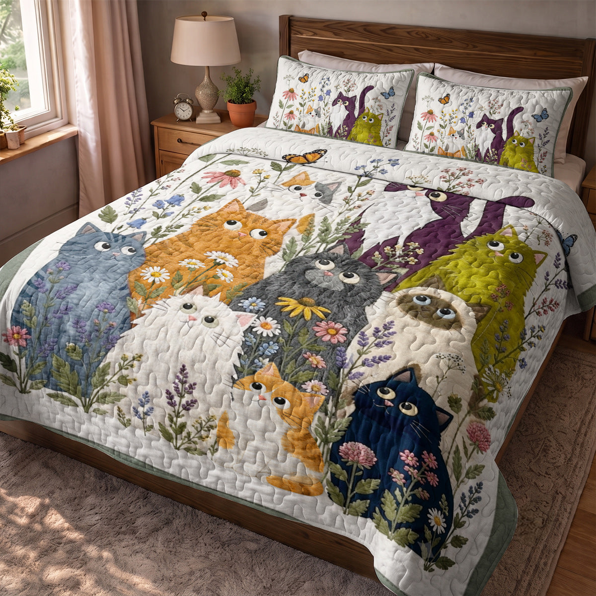 Cat Quilted Blanket Whimsical Garden Cats