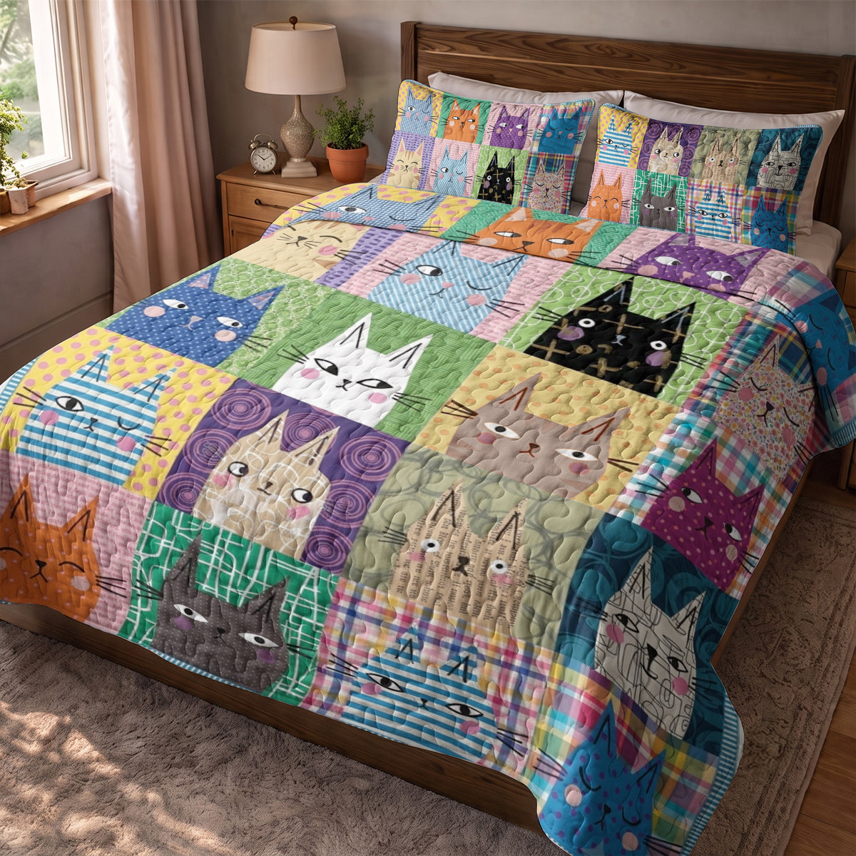 Cat Quilted Blanket Colorful Patchwork Cats