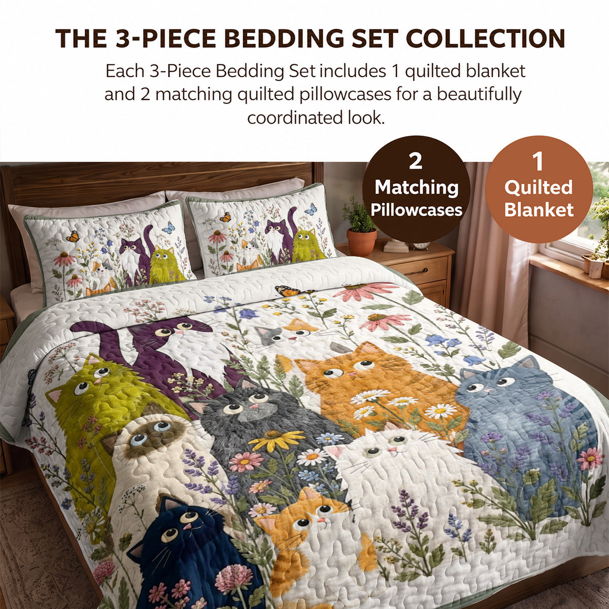 Cat Quilted Blanket Whimsical Garden Cats