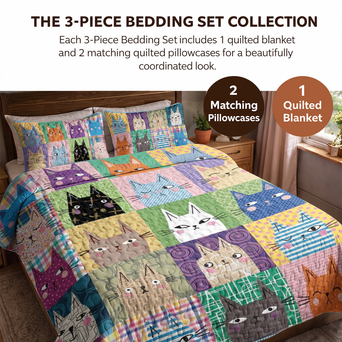 Cat Quilted Blanket Colorful Patchwork Cats