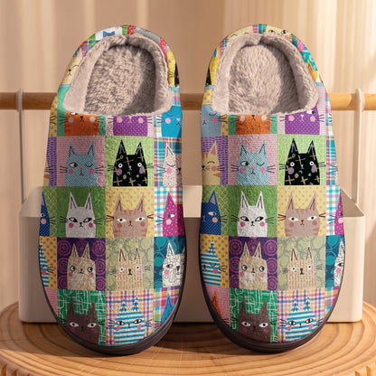 Cat Fleece Lined Slippers Whimsical Cat Patchwork