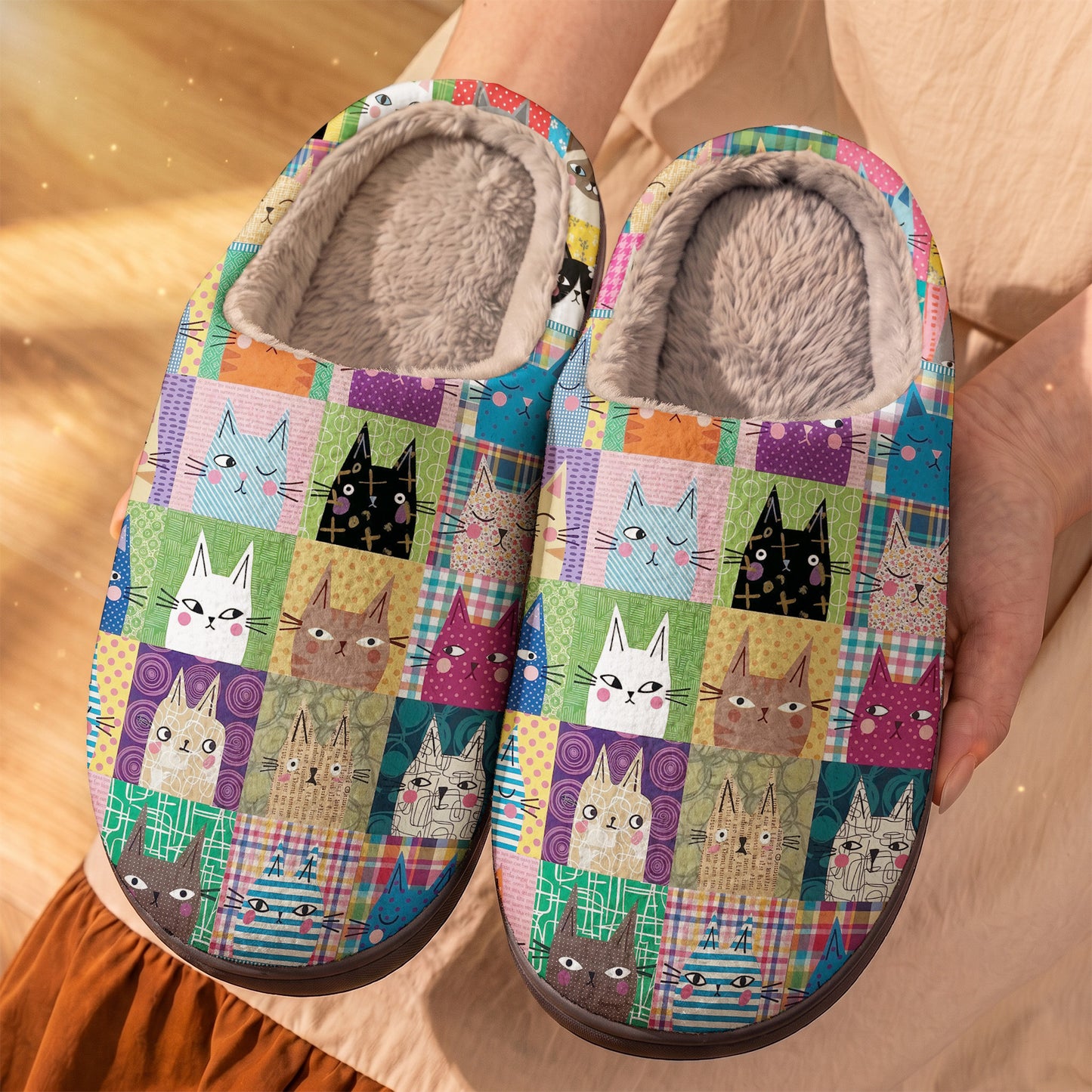 Cat Fleece Lined Slippers Whimsical Cat Patchwork