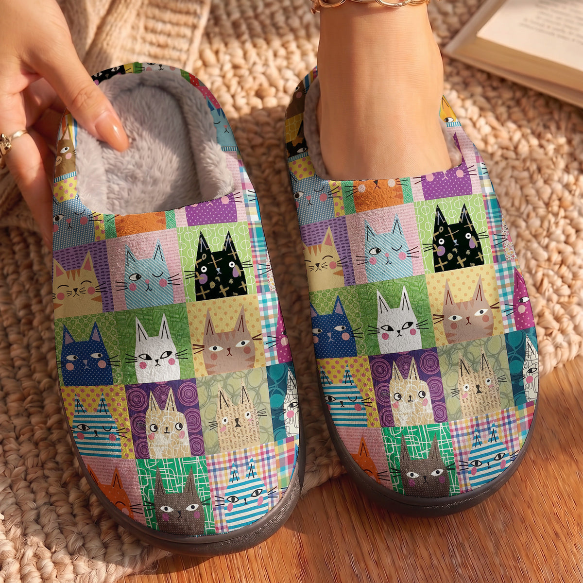 Cat Fleece Lined Slippers Whimsical Cat Patchwork