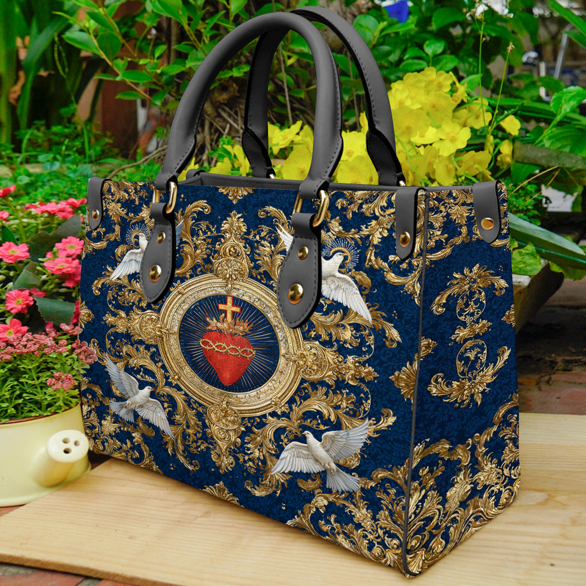 Christian Print Leather Handbag Sacred Heart Of Grace
