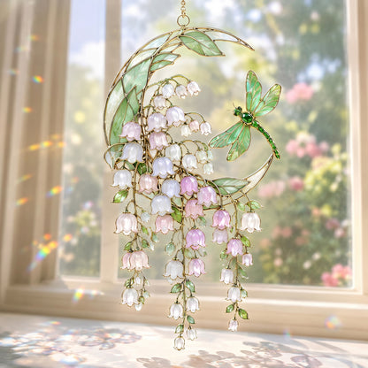 Dragonfly Among Lily of the Valley 3D Glass Suncatcher