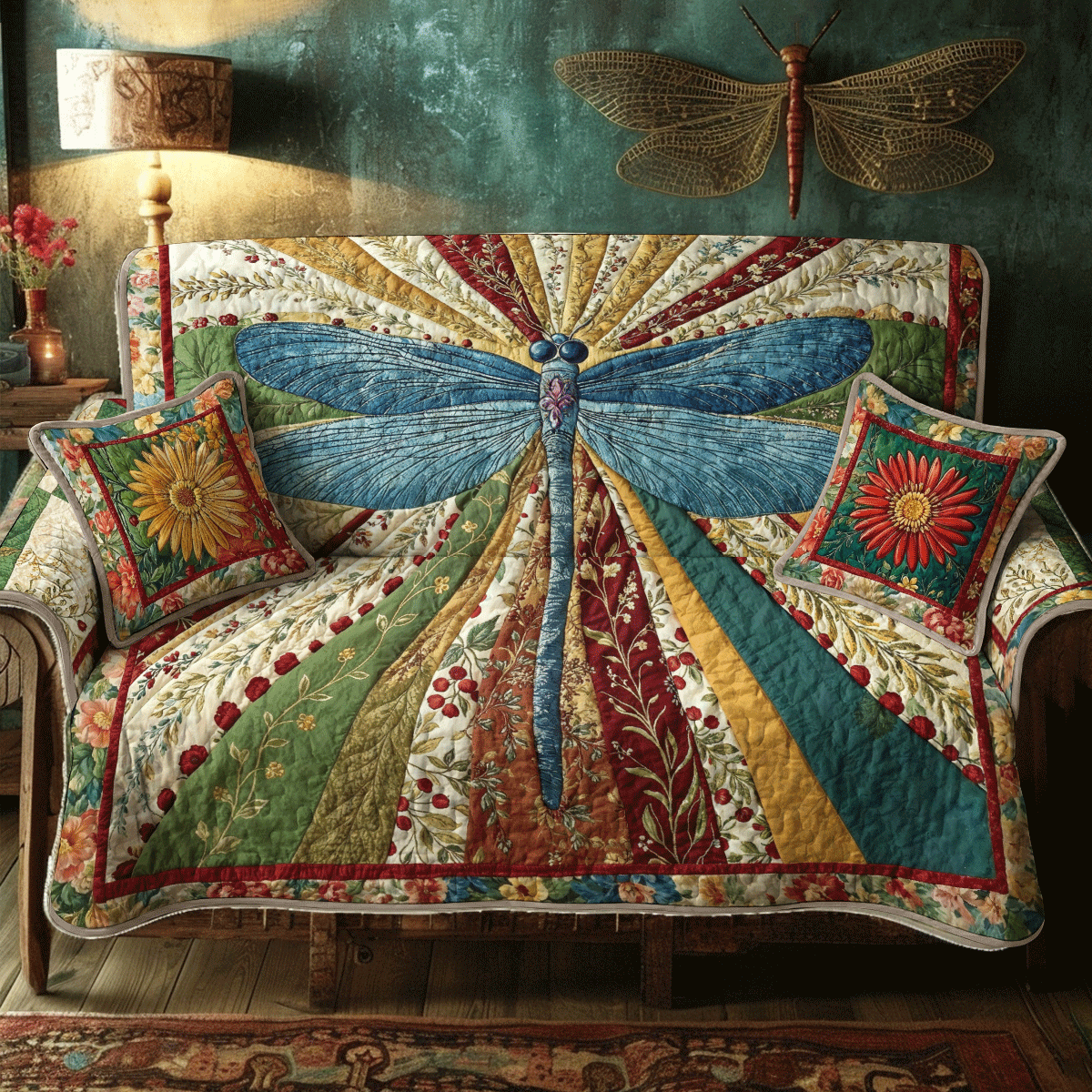Dragonfly Quilted Sofa Cover Azure Radiant Wings