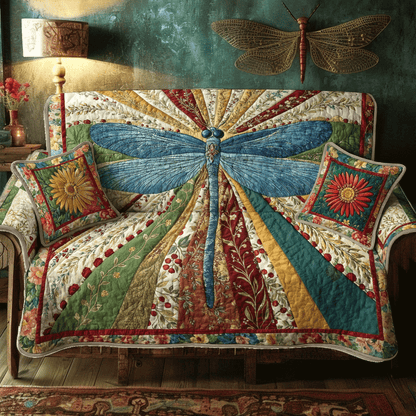 Dragonfly Quilted Sofa Cover Azure Radiant Wings