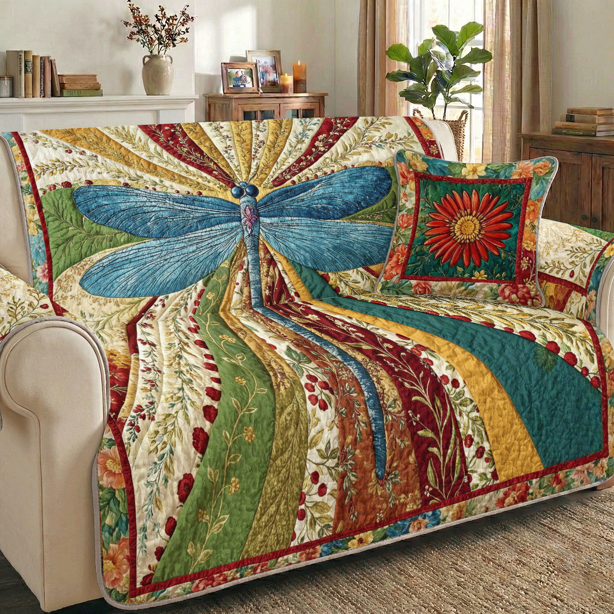 Dragonfly Quilted Sofa Cover Azure Radiant Wings