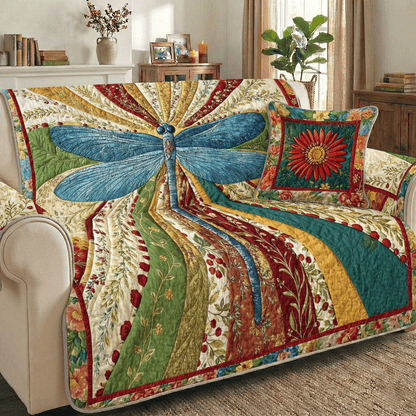 Dragonfly Quilted Sofa Cover Azure Radiant Wings
